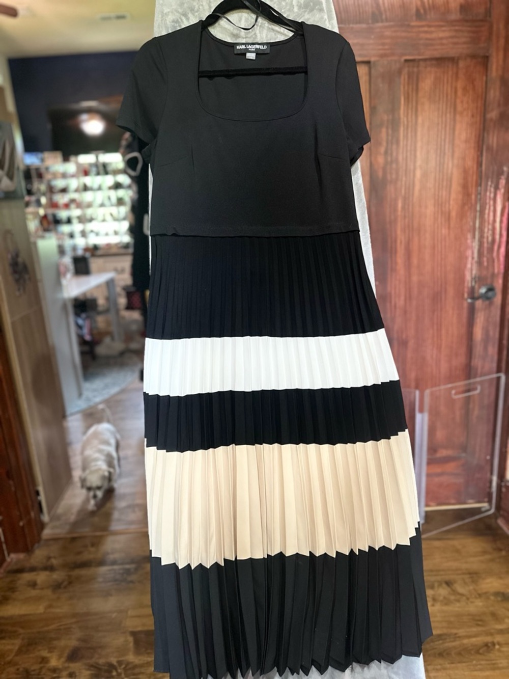Karl Lagerfeld Black and Cream Pleated Midi Dress